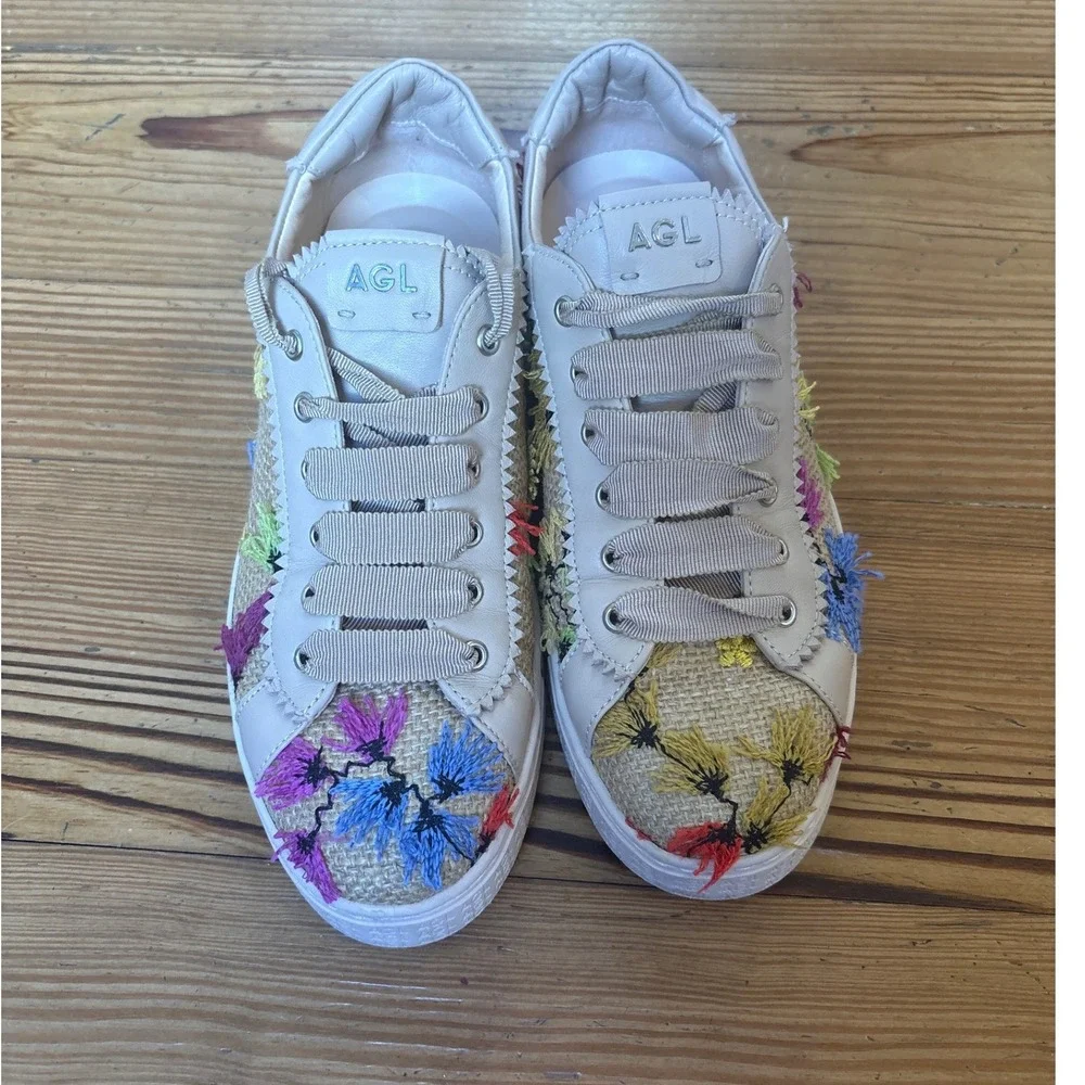 AGL Floral Embroidered Sneakers Women Beige Raffia Low Top Italy SIZE 38.5